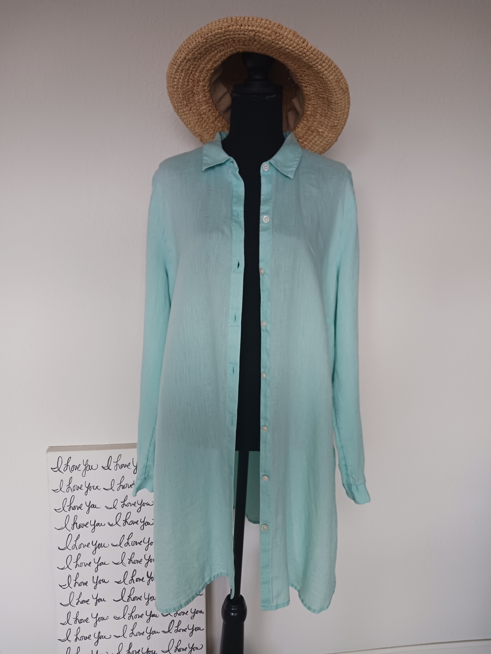 J. Jill Long Linen Pastel Green Button-Up Tunic Shirt Sz XL EUC
